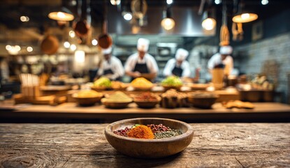 A wooden bowl of vibrant spices sits on a rustic table