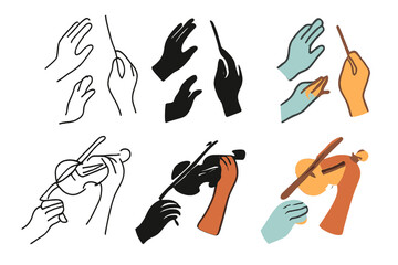 Obraz premium Harmonious Instrumental Hands. Translucent hands and limbs conducting and playing instruments in harmony, simple minimal vector