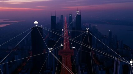 Connected city concept at dusk with network nodes and data streams for smart technology uses - Powered by Adobe