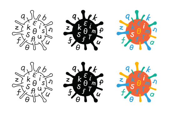Abstract Viral Motion. Abstract virus form composed of letters and phonetic symbols in dynamic motion, abstract minimal vector