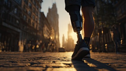Person with prosthetic leg walks through a sun-drenched city street at sunset