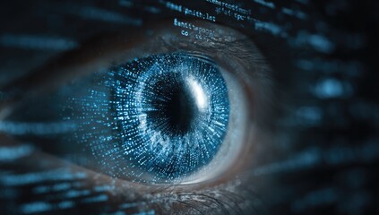 Futuristic blue eye reflecting digital data streams in a close-up view