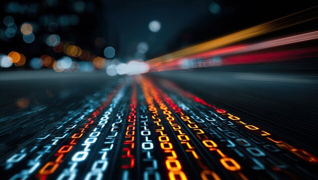 Streaks of binary code flow down a dark road at night - Powered by Adobe