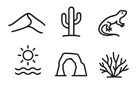 Desert Icon Collection. Line style icons of Desert Forms: sand dune, cactus, lizard, sun heat wave, stone arch, dry bush. No text,