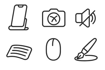 Peaceful Gadget Icons. Line style icons of Peaceful Equipment: relaxed phone docked, camera lens closed, idle keyboard curve,
