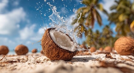 Obraz premium A fresh coconut splits open, water splashing on a tropical beach