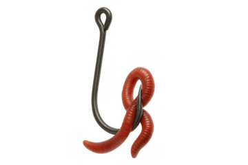 Fishing hook with live worm as bait, symbolizing trap, risk, danger, temptation, problem, and solution concept