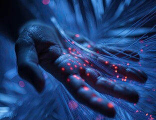 A hand is illuminated by glowing red points amidst a blue, glowing fiber optic network