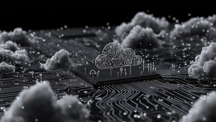 Digital cloud emerges from a computer chip on a dark, glowing circuit board
