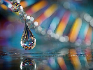 Macro water droplet reflects colorful abstract spiral, science inspiration