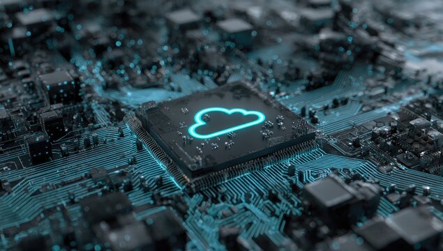 Close-up of a computer chip with a glowing cloud symbol at its center - Powered by Adobe