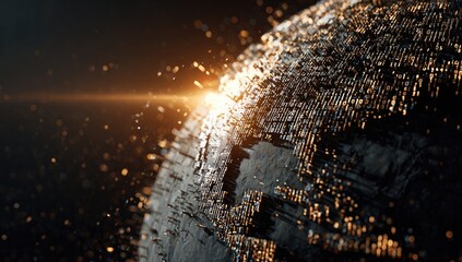 Abstract digital planet surface with glowing lights and flares