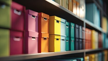 Colorful storage boxes neatly stacked on shelves, organized and tidy