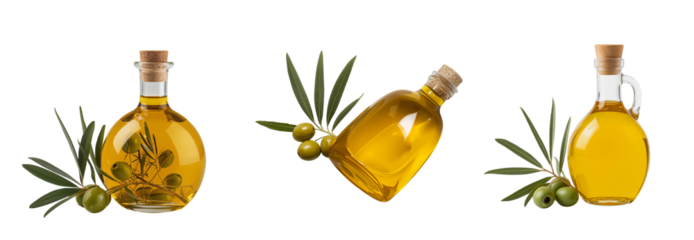 A bottle of oil and an olive branch isolated on a transparent background