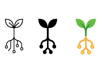 Tech-Plant Fusion Icon. Minimalist icon merging plant sprout with circuit board roots symbolizing data cultivation, first in line