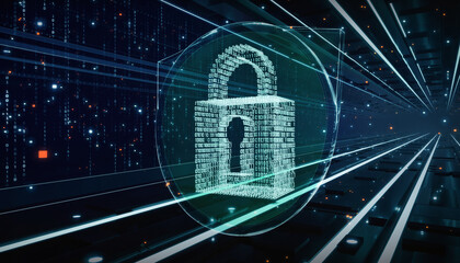 Cybersecurity Concept with Digital Padlock and Binary Code Shield