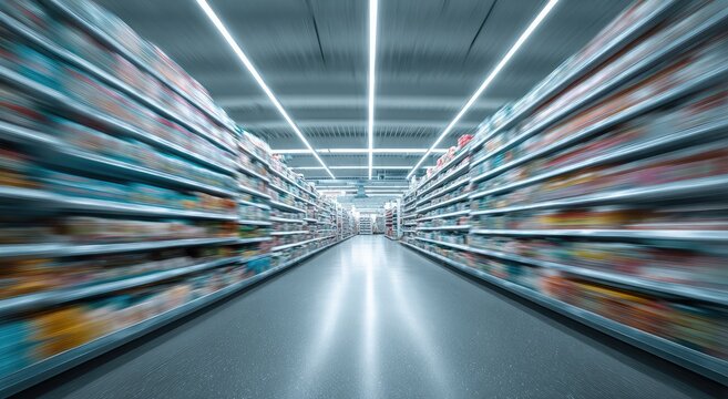 Vast retail aisle with blurred shelves filled with products, receding to distance - Powered by Adobe