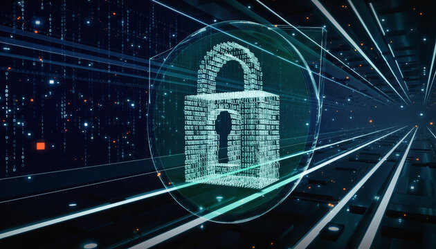 Cybersecurity Concept with Digital Padlock and Binary Code Shield