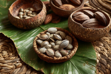A Beninese voodoo offering with cowrie shells laid neatly on woven palm leaves beside carved gourd bowls.