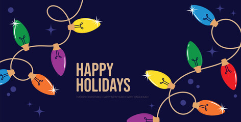 Happy Holidays banner, with traditional Christmas bulb lights, and colorful string. Minimalist trendy banner with