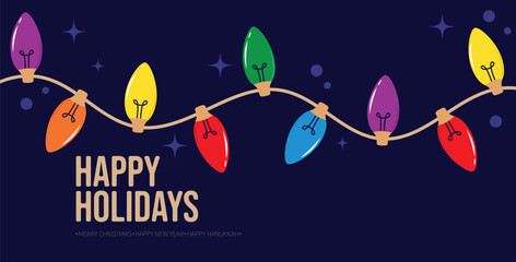 Happy Holidays banner, with traditional Christmas bulb lights, and colorful string. Minimalist trendy banner with