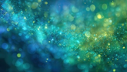 Ethereal glowing particles swirl in a cosmic, starry nebula of blues and greens
