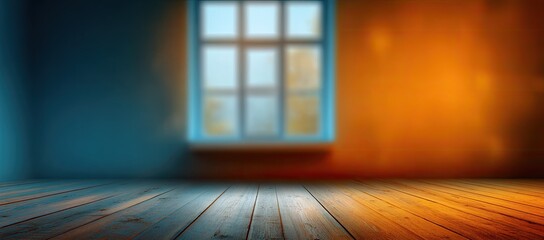 Rustic wooden floor and wall with window in contrasting blue and orange hues