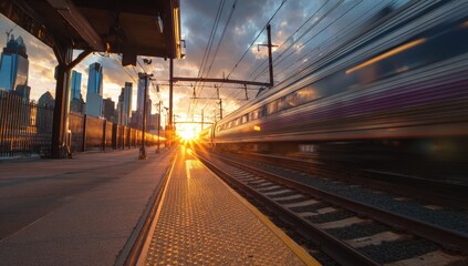 Sunset illuminates train speeding past an empty station with city skyline