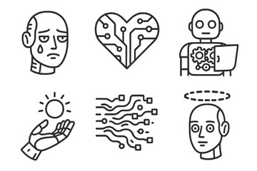 Sentient Machine Icons. Line style icons of Sentient Machines: mechanical face with tear, heart-shaped circuit board, open chest