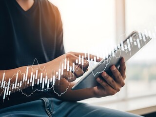Person using a tablet with financial market data displayed