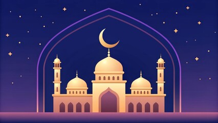 Illustration of a golden Mosque under a crescent moon at night