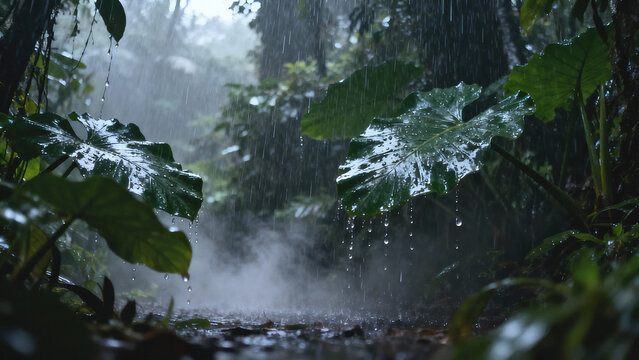 Moist forest landscape with visible mist floating between lush green plants and trees after rainfall.