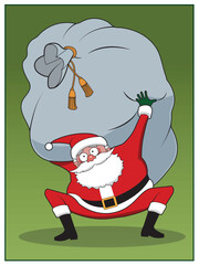 Santa Clause lifts a giant stack of gifts,
