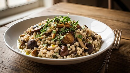 Hearty pearl barley and mushroom dish garnished with fresh thyme and olive oil