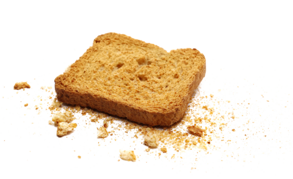 Close up crumbs and slice whole wheat dry integral bread with wholewheat flour isolated on white background, side view