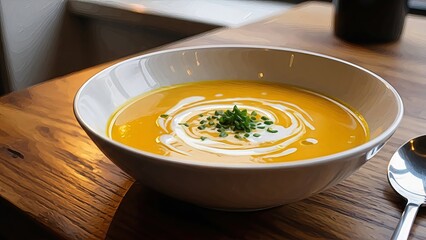 Inviting bowl of butternut squash soup with cream swirl and fresh chives sits on rustic wooden table