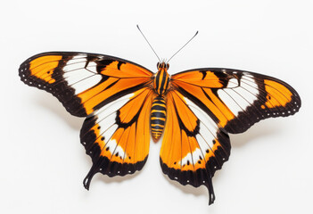 Fototapeta premium Tigerwing butterfly with open wings, top view on white background, macro photography, Mechanitis species