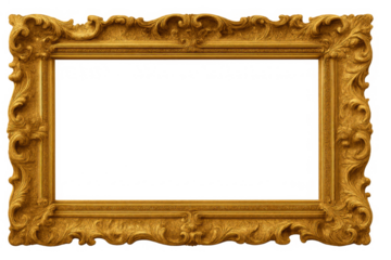 Ornate antique gold picture frame with baroque rococo style carvings, offering an empty space for content and design, studio isolated