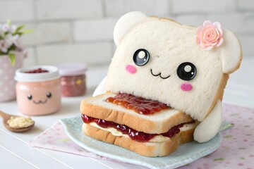 Adorable kawaii bear shaped peanut butter and jelly sandwich