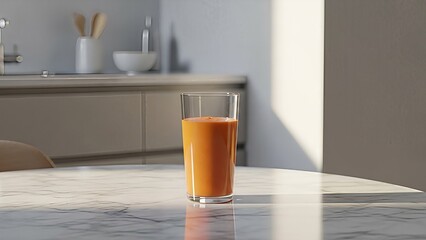 Refreshing orange juice on marble table illuminating kitchen scene in soft sunlight