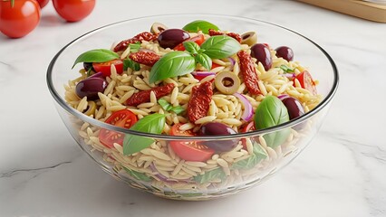 Refreshing orzo pasta salad with sun dried tomatoes, olives and fresh basil leaves