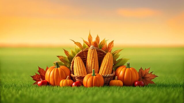 A basket of corn and pumpkins on green grass outdoors