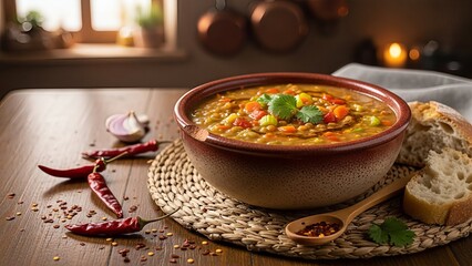 Rustic lentil soup presentation featuring vibrant ingredients and warm, homely kitchen ambiance
