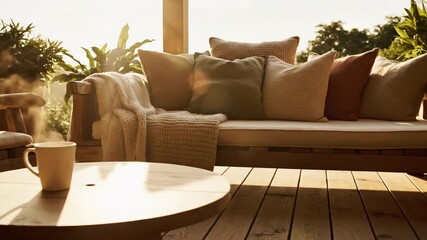 Sunlit terrace with cozy furniture and steaming coffee creates a serene morning vibe. experience relaxation and warmth in an outdoor haven.