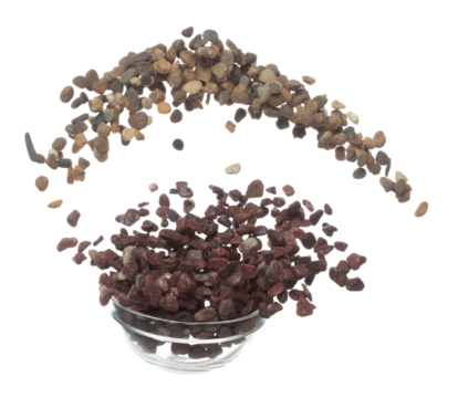 Fish Tank decorative Rock stone gravel fly explosion fall, red stone rock explode abstract cloud fly, splash in air for ground floor. White background isolated high speed shutter freeze shot