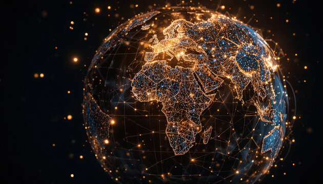 Global network connection digital world technology data visualization map - Powered by Adobe