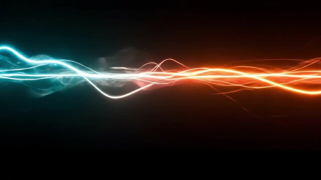 Blue and orange energy waves on black background. Abstract light stream effect. Electronic impulse animation concept.