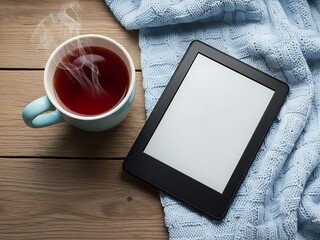 Cozy reading setup with hot beverage and e reader on wooden table