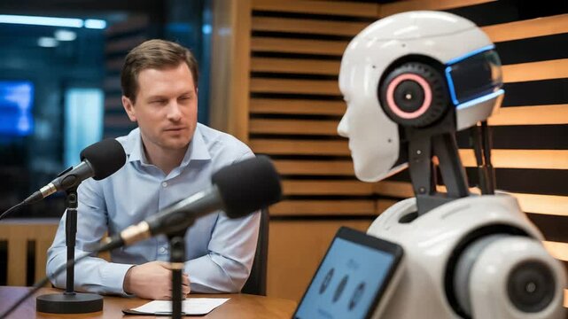 Futuristic interview with realistic robot and human, exploring AI integration in media and communication through engaging conversation and modern technology