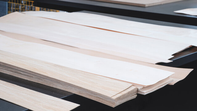 Industrial machine for sawing wood into thin strips of natural veneer for the production of furniture panels with natural veneer of valuable wood species.